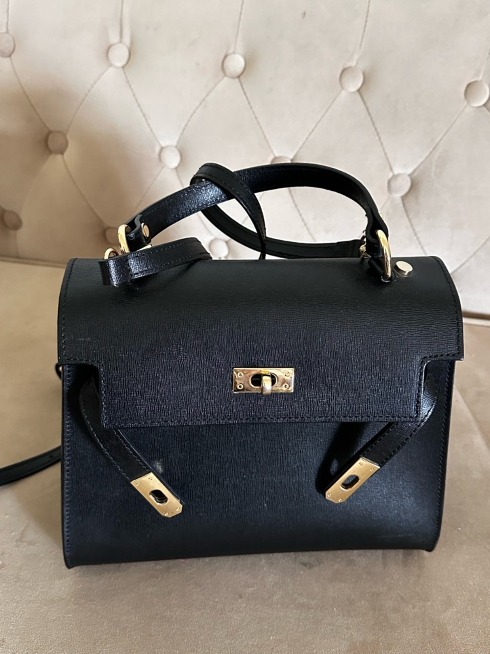 Structured Black Leather Top-Handle Satchel with Gold Hardware